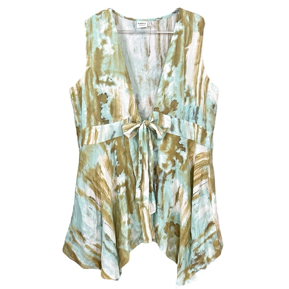 Simple Suzanne Betro Tie Dye Wrap Tie Boho Lightweight Top Aqua Tan White Size L